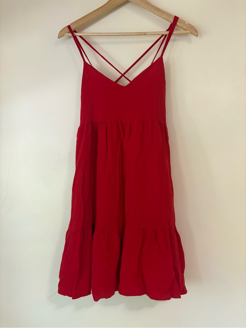 Red Strappy Sundress Criss Cross Back Tiered Babydoll Mini Dress M/L